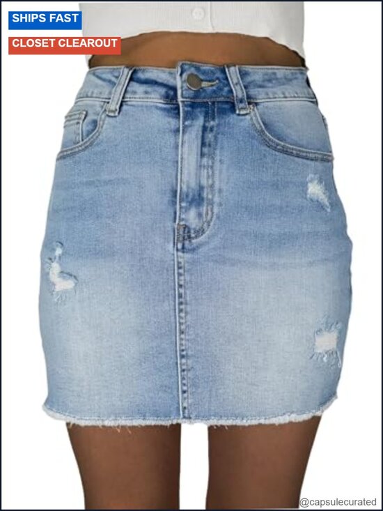Dresses & Skirts - High Waisted Stretchy Denim Mini Skirt with Distressed Ripped Details and